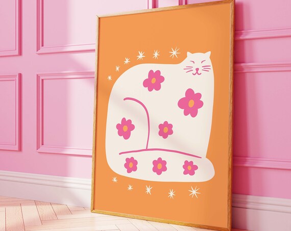 Orange Cat With Pink Flowers Retro Kitty Illustration Wall Print