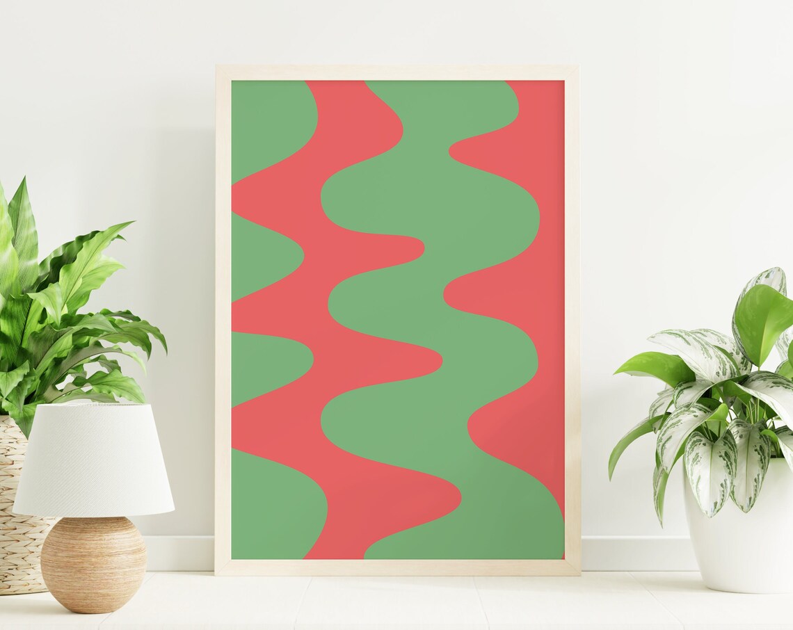 Red And Green Wavy Stripes Retro Abstract Christmas Art Poster