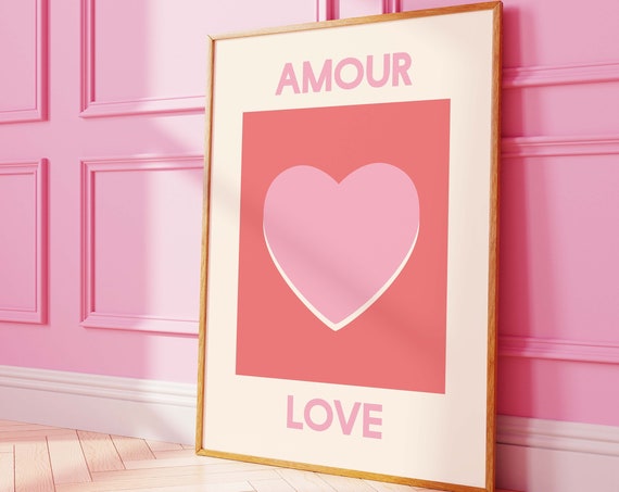 Amour Love Print Art Pink And Red Heart Wall Art Cute Trendy Wall Art