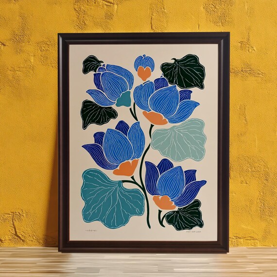 Blue Lotus Blossoms Vintage Botanical Illustration Art Poster