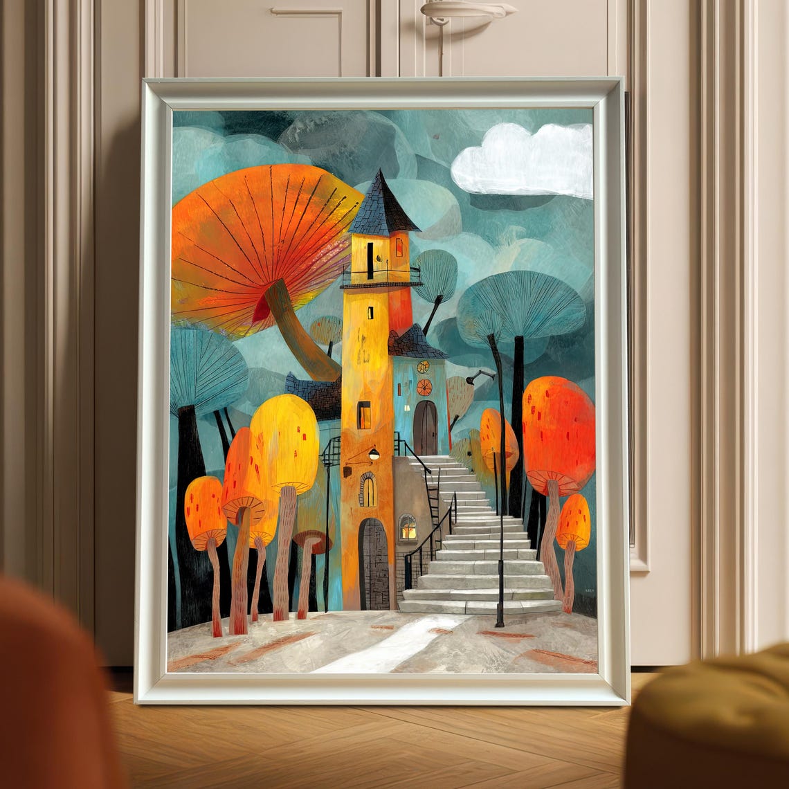 Whimsical Mushroom Forest Tower Fantasy Illustration Art Poster