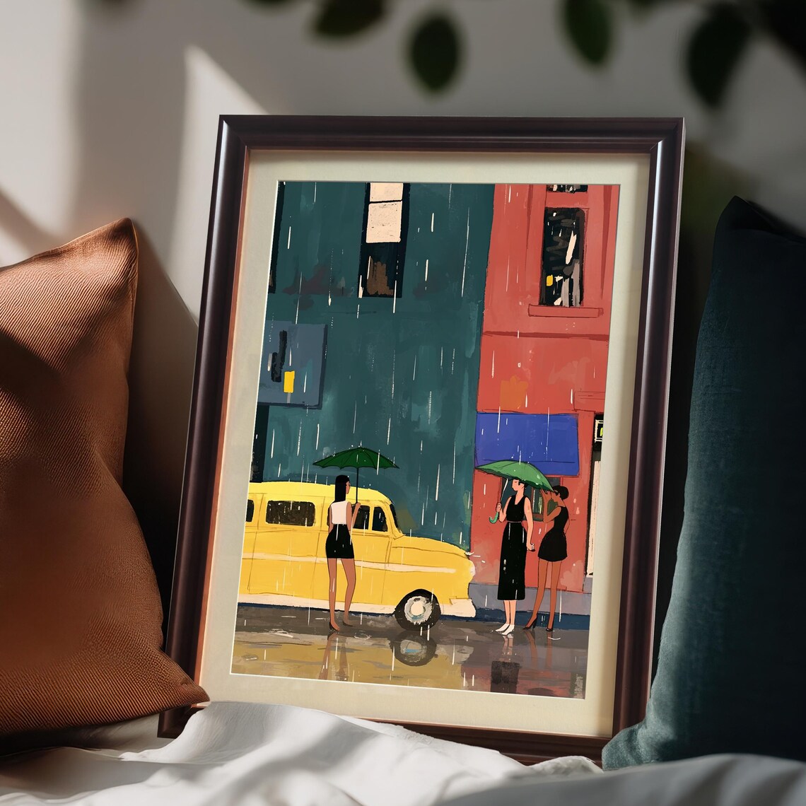 Rainy City Street Women With Umbrellas And Yellow Taxi Poster