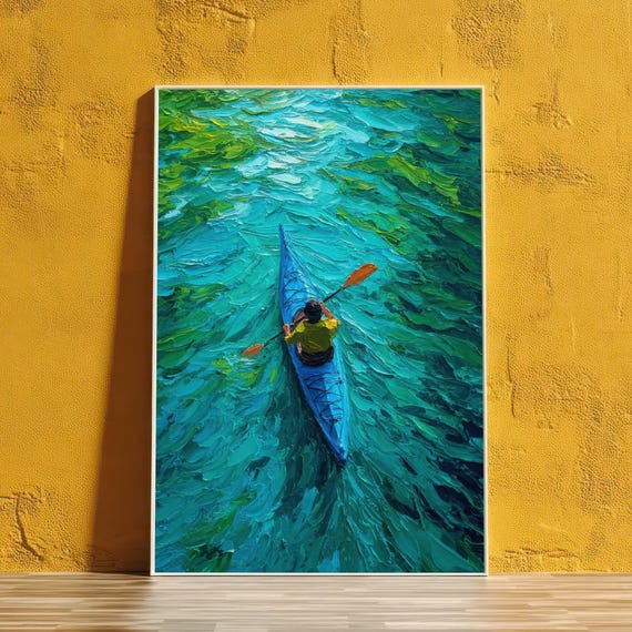 Serene Kayak Journey Art Wall Decor Print Textured Water Adventure Painting Tranquil Lake