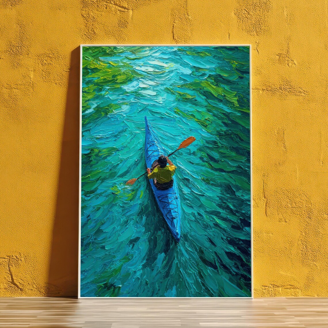 Overhead Kayaker Turquoise Waters Impasto Adventure Art Poster