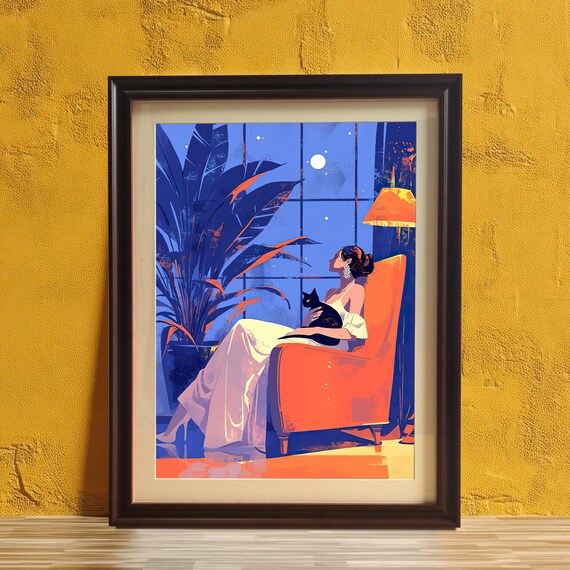 Elegant Woman With Black Cat By Moonlit Window Cozy Night Art Poster