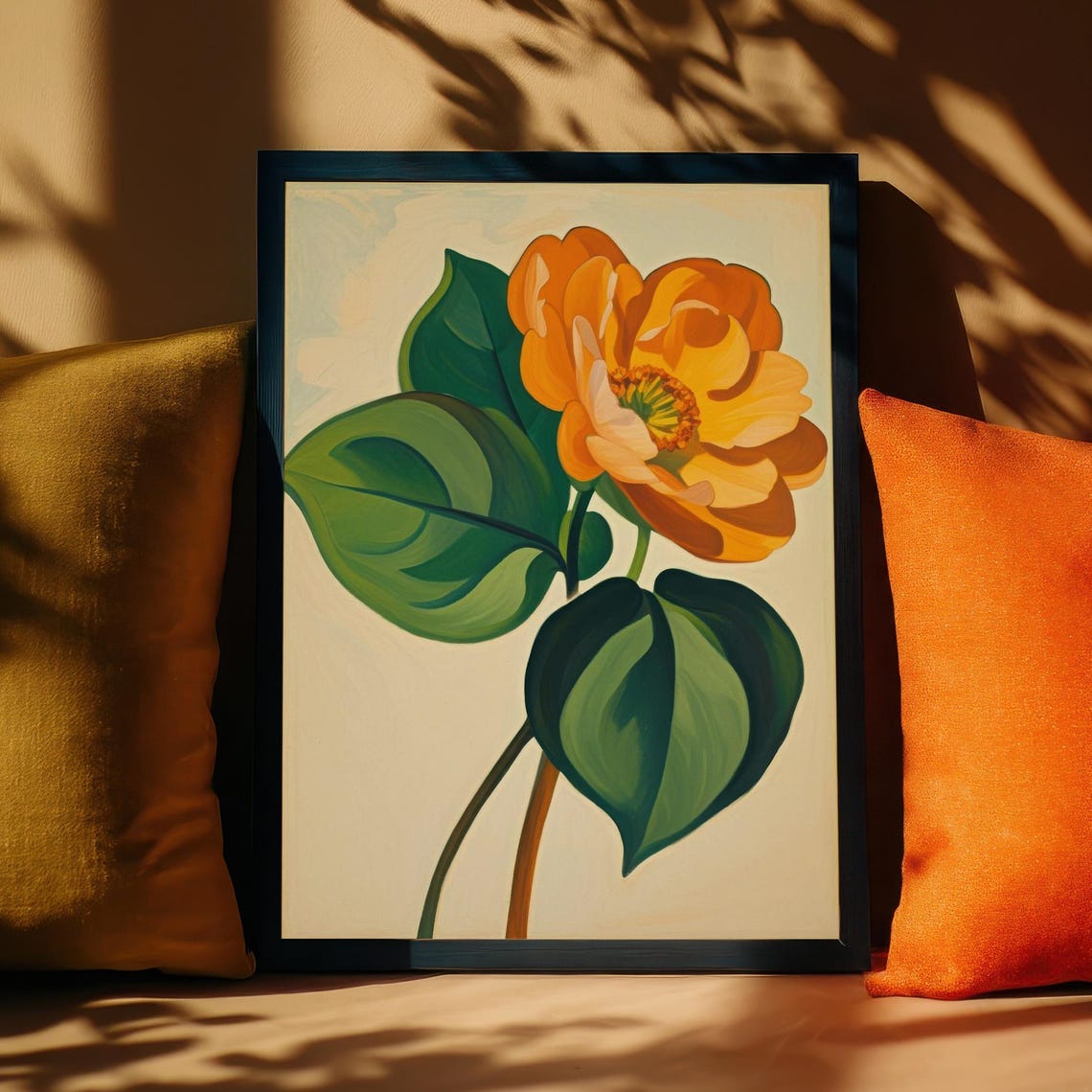 Vibrant Orange Blossom with Green Leaves Modern Botanical Poster