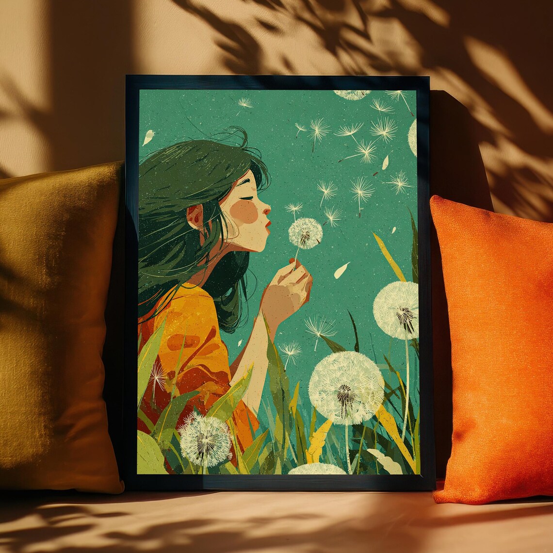 Girl Blowing Dandelion Seeds Dreamy Teal Boho Vintage Art Poster