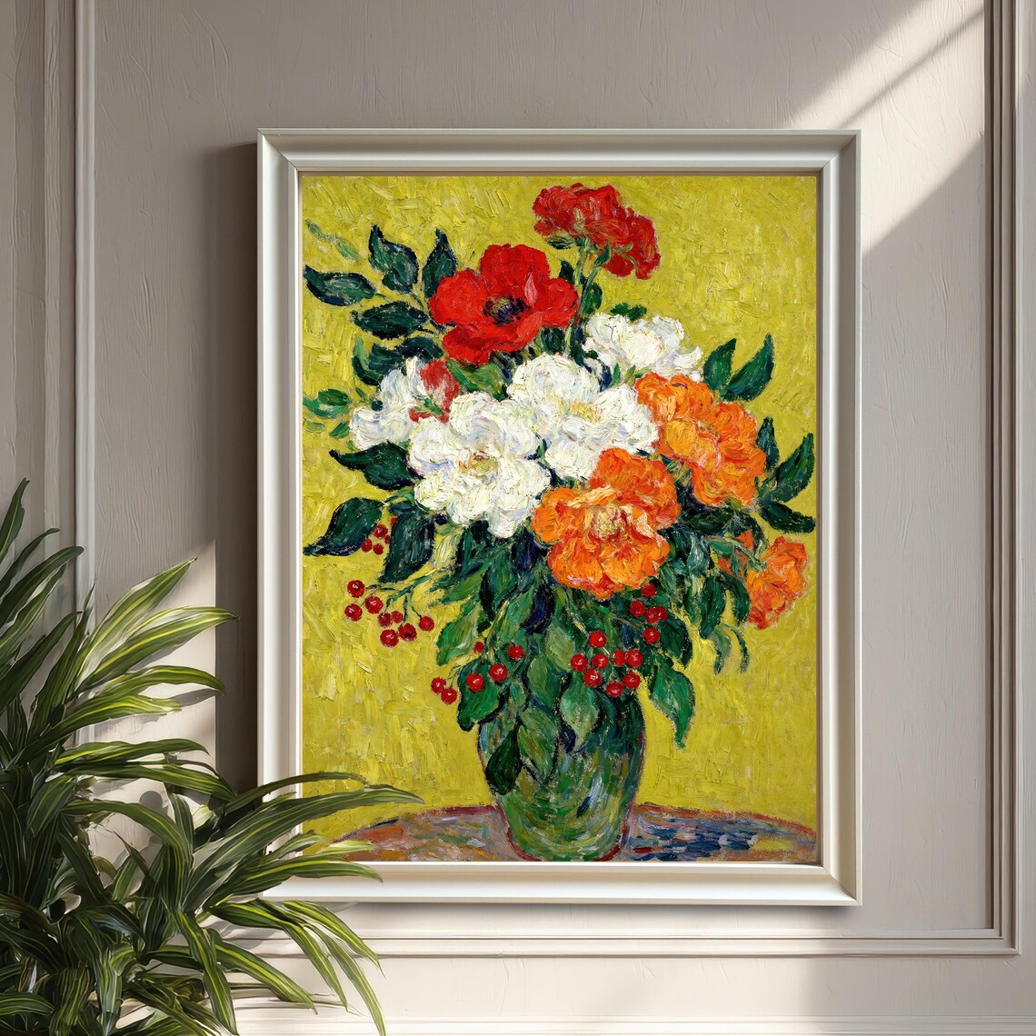 Impressionist Vase Of Flowers Roses Poppies On Yellow Art Poster