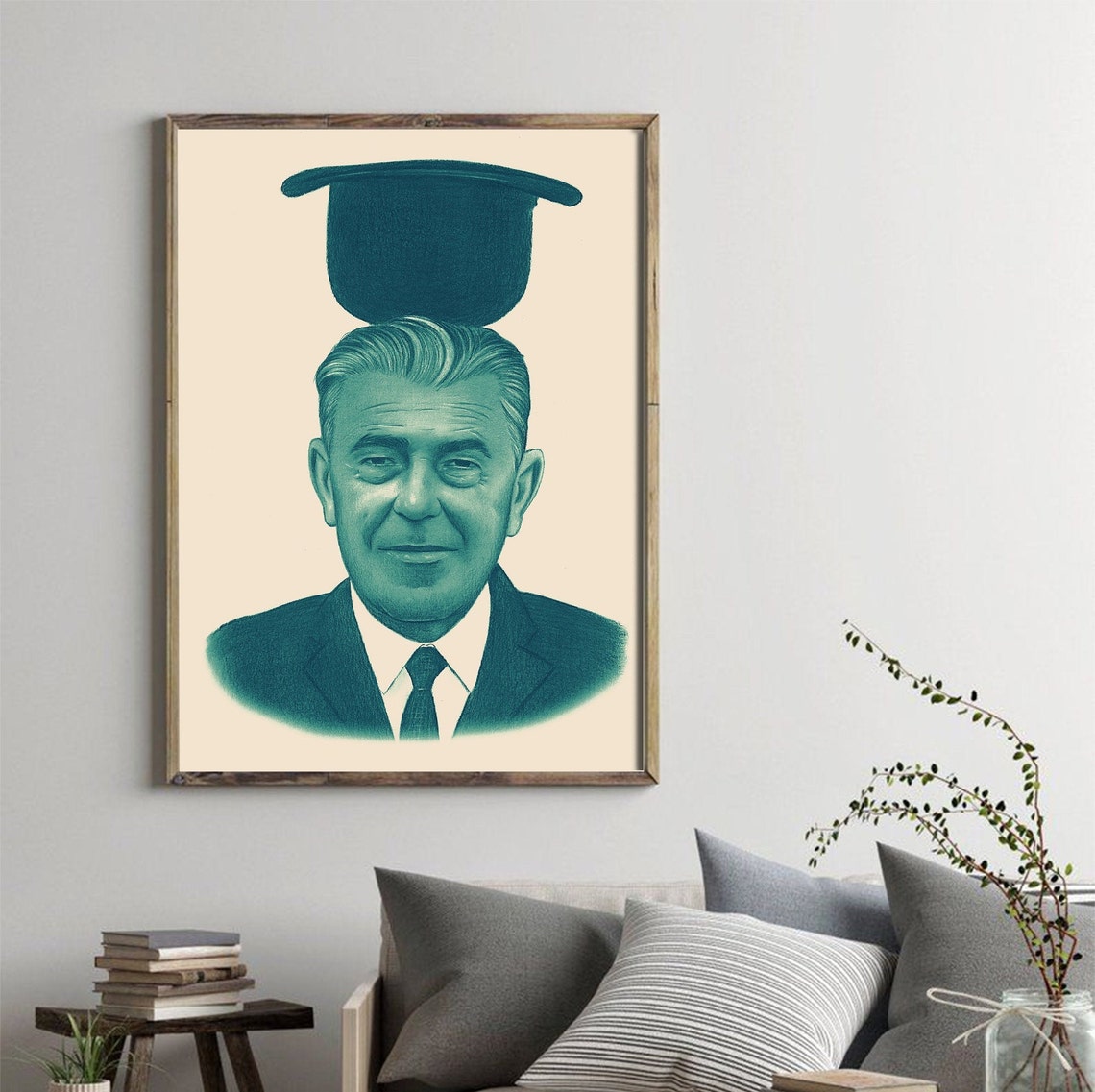 Surrealist Man With Floating Bowler Hat Teal Duotone Portrait Poster