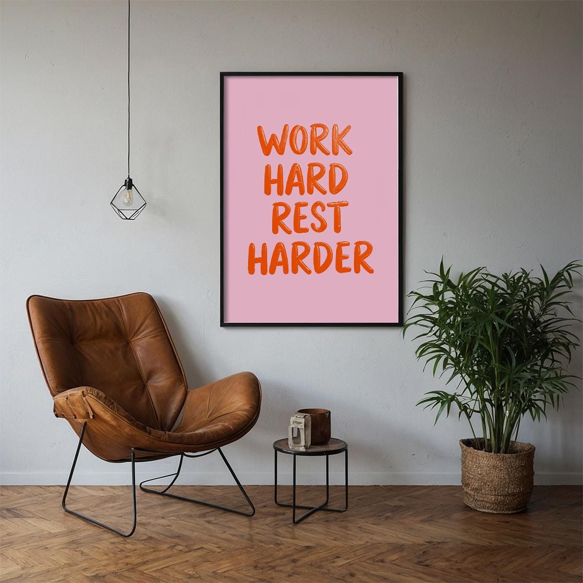 Work Hard Rest Harder Bold Typography Pink Motivational Quote Print