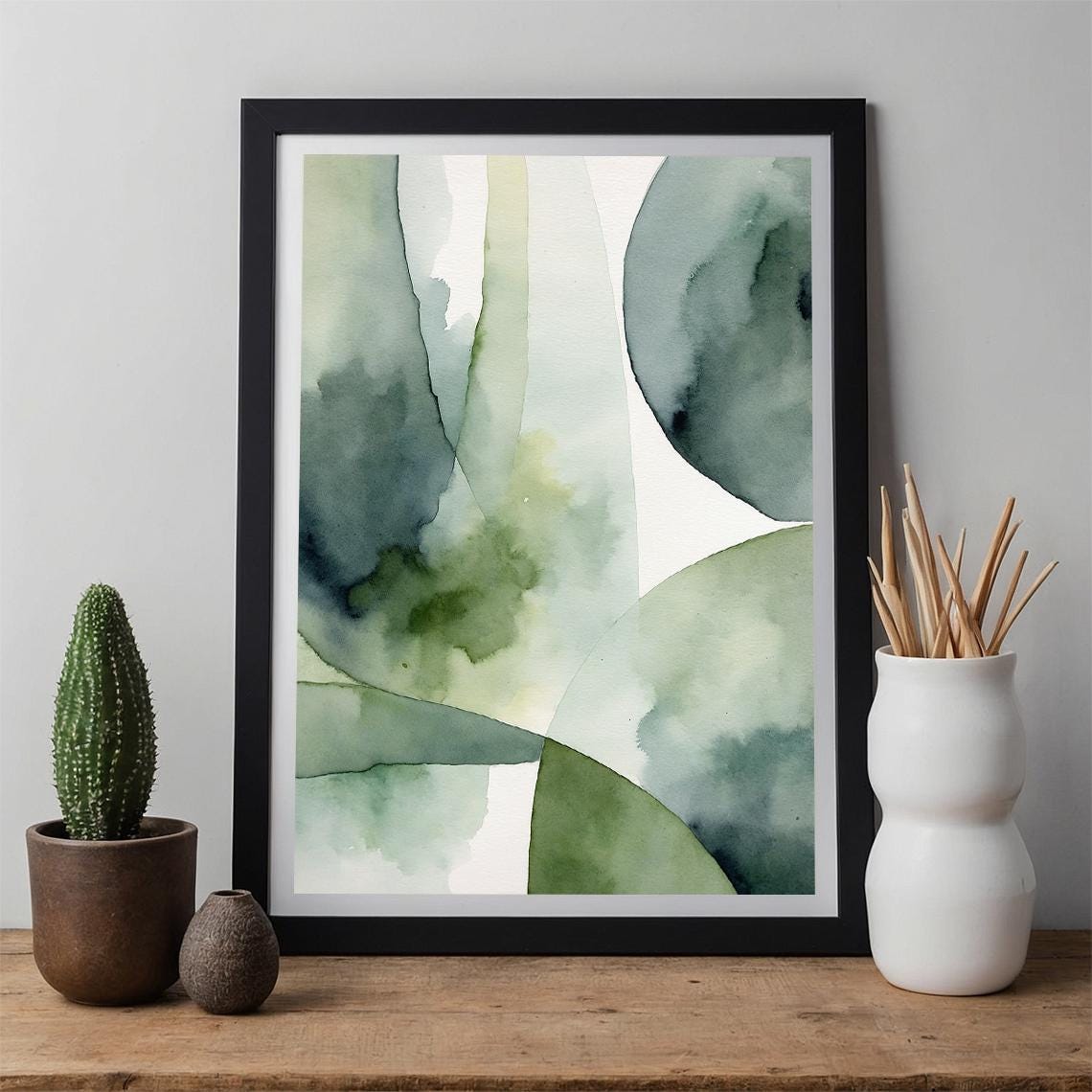 Green Abstract Watercolor Print Minimalist Botanical Art