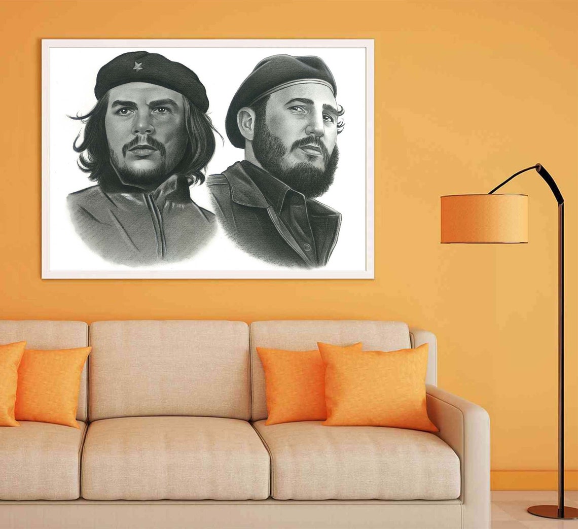 Che Guevara And Fidel Castro Charcoal Portrait Sketch Wall Art