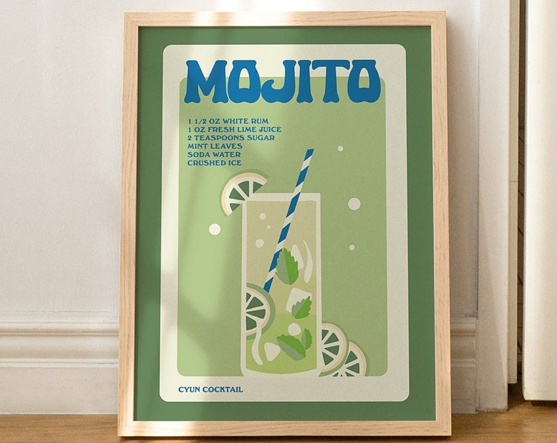 Mojito Cocktail Recipe Retro Green Bar Kitchen Cocktail Poster