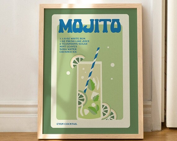 Mojito Cocktail Recipe Retro Green Bar Kitchen Cocktail Poster
