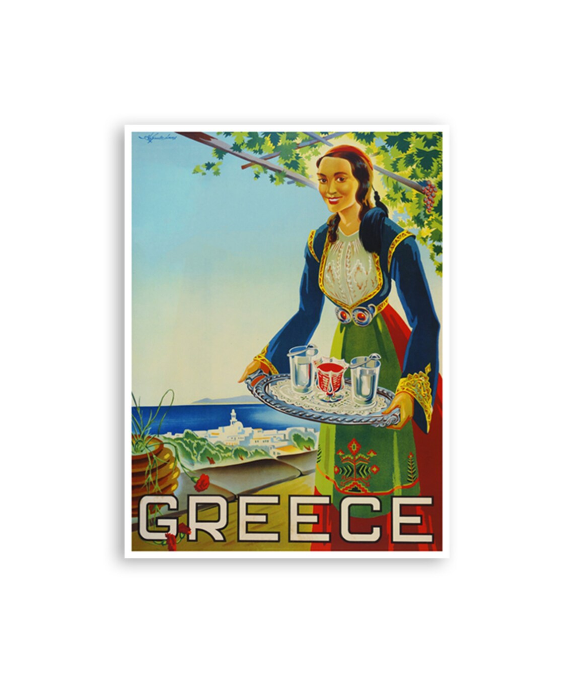 Greece Traditional Costume Vintage Seaside Harbor Travel Poster