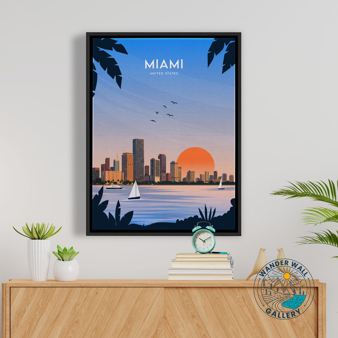 Miami Florida Sunset Skyline Palm Trees Sailboats Bay Travel Poster - Image 5