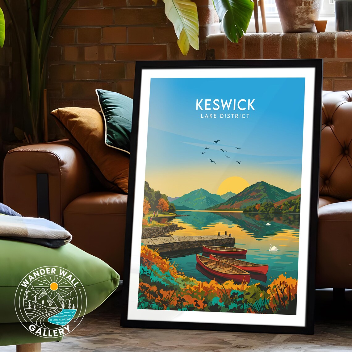 Keswick Lake District Serene Sunrise Canoes Mountain Lake Poster - Image 6