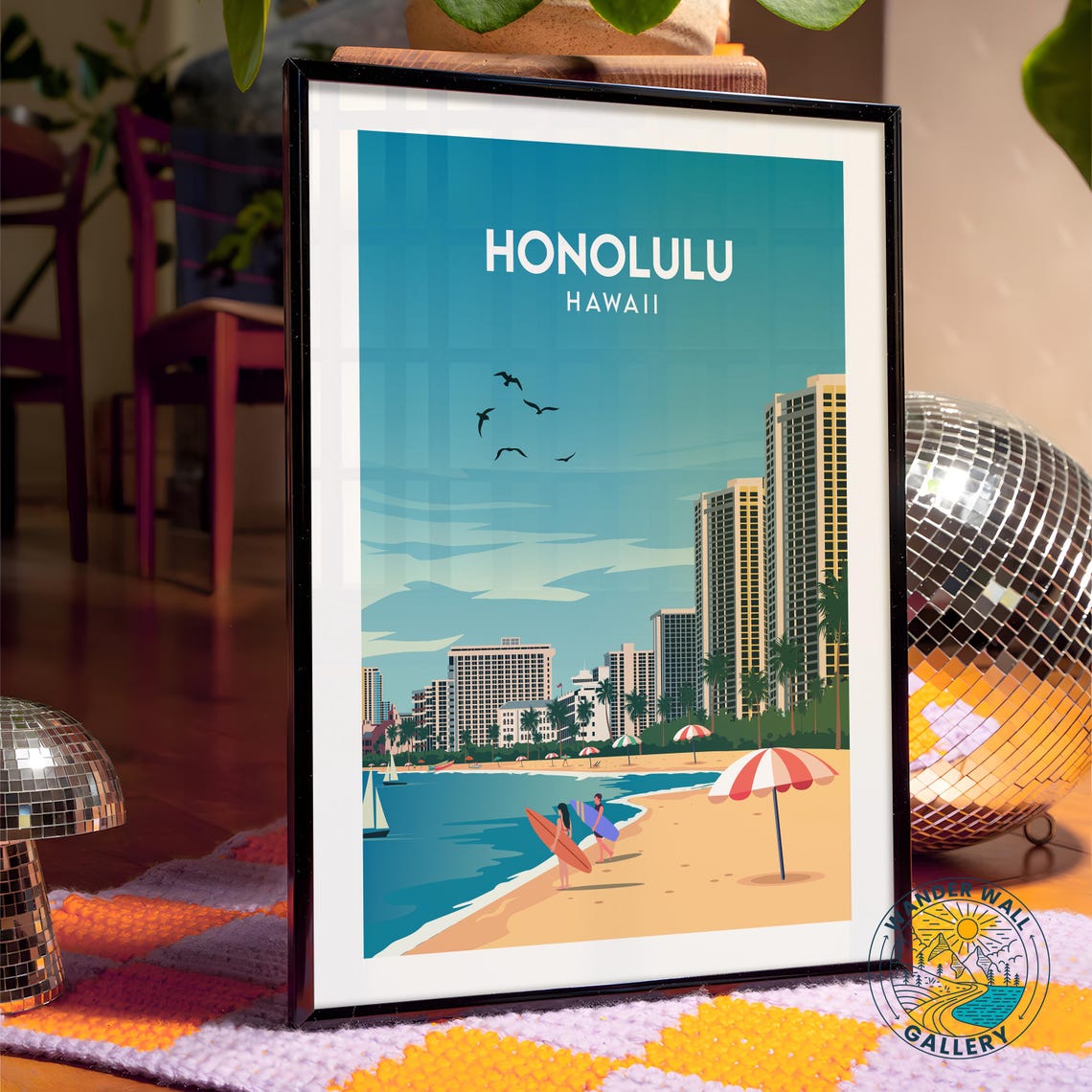 Honolulu Hawaii Waikiki Beach Surfers Tropical Sunset Poster - Image 4