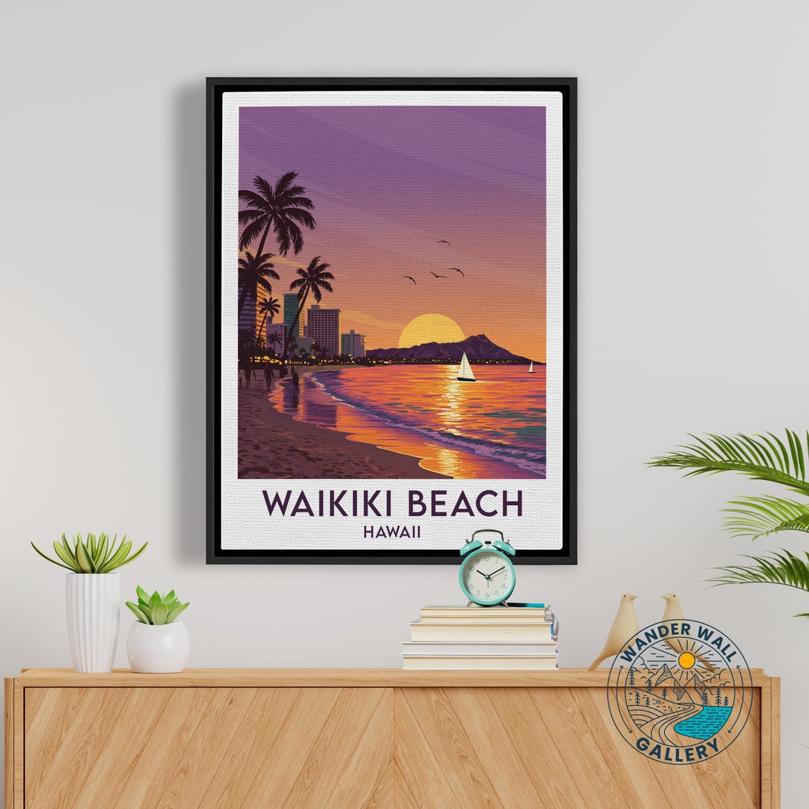 Waikiki Beach Hawaii Sunset Surf Palms Diamond Head Crater Poster - Image 5