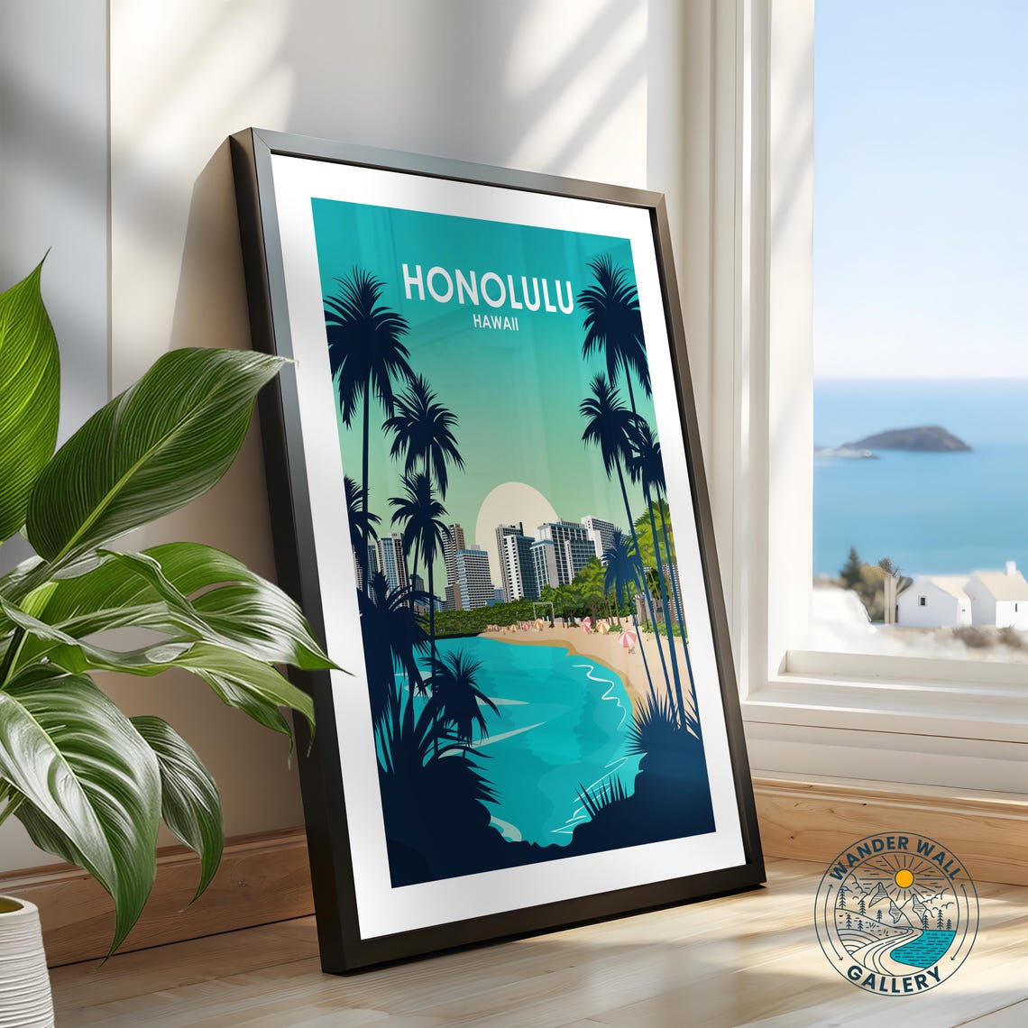 Honolulu Hawaii Waikiki Beach Palms Skyline Sunset Travel Poster - Image 2