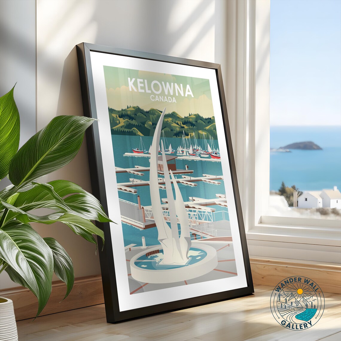 Kelowna Canada Marina with Sail Sculpture Vintage Travel Poster - Image 2