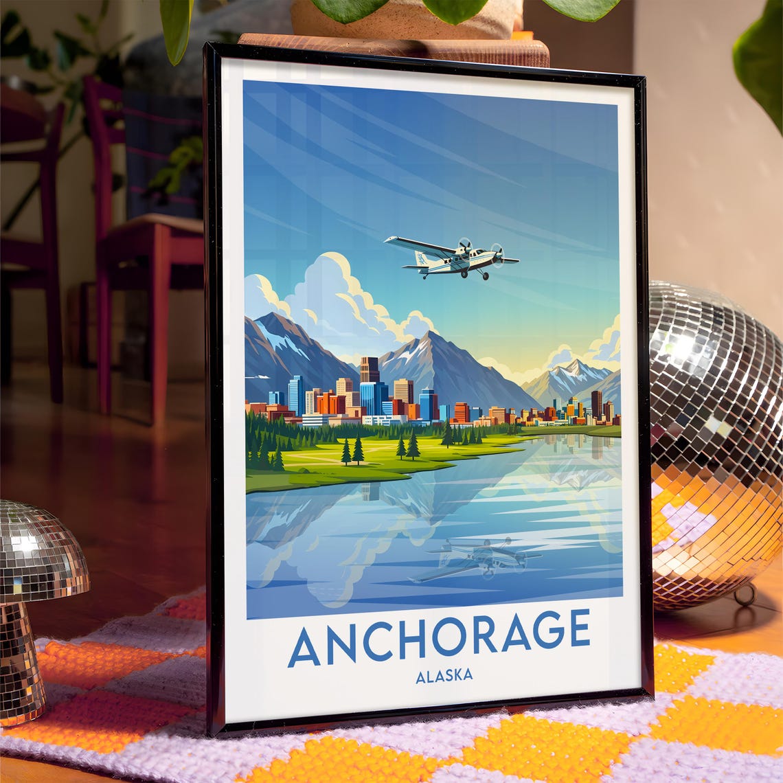 Anchorage Alaska Mountain Skyline Seaplane Retro Travel Poster - Image 4