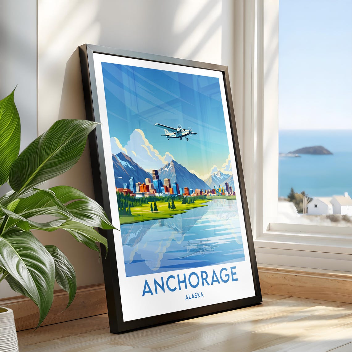 Anchorage Alaska Mountain Skyline Seaplane Retro Travel Poster - Image 2