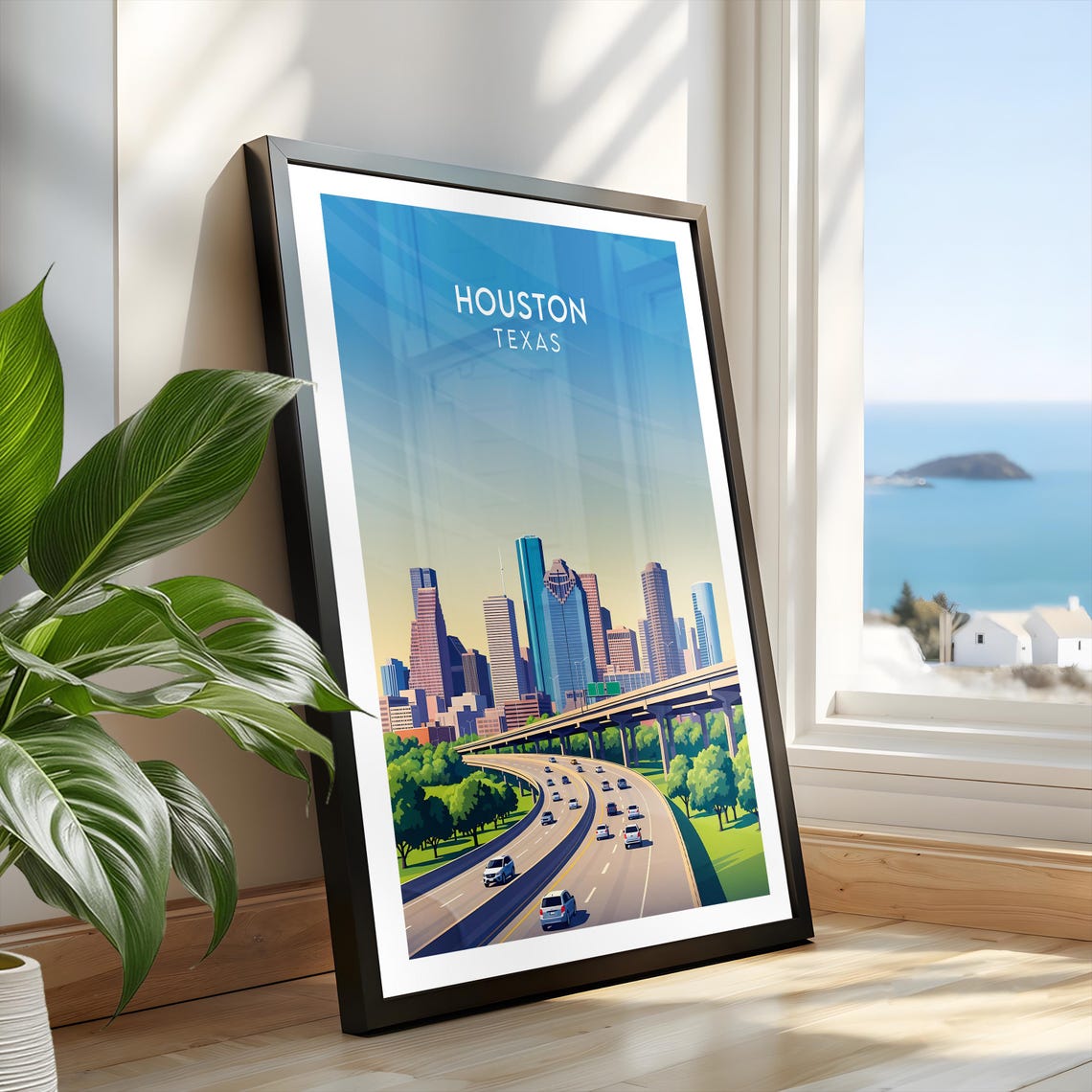 Houston Texas Highway Curves Toward City Towers Green Parkway Poster - Image 2