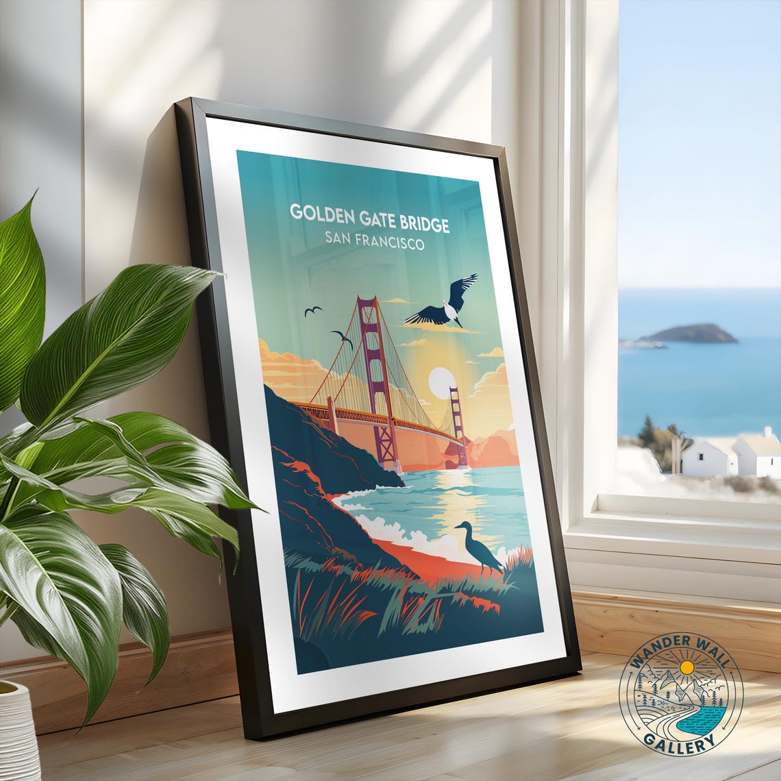 Golden Gate Bridge San Francisco Sunset Seagulls Retro Travel Poster - Image 2