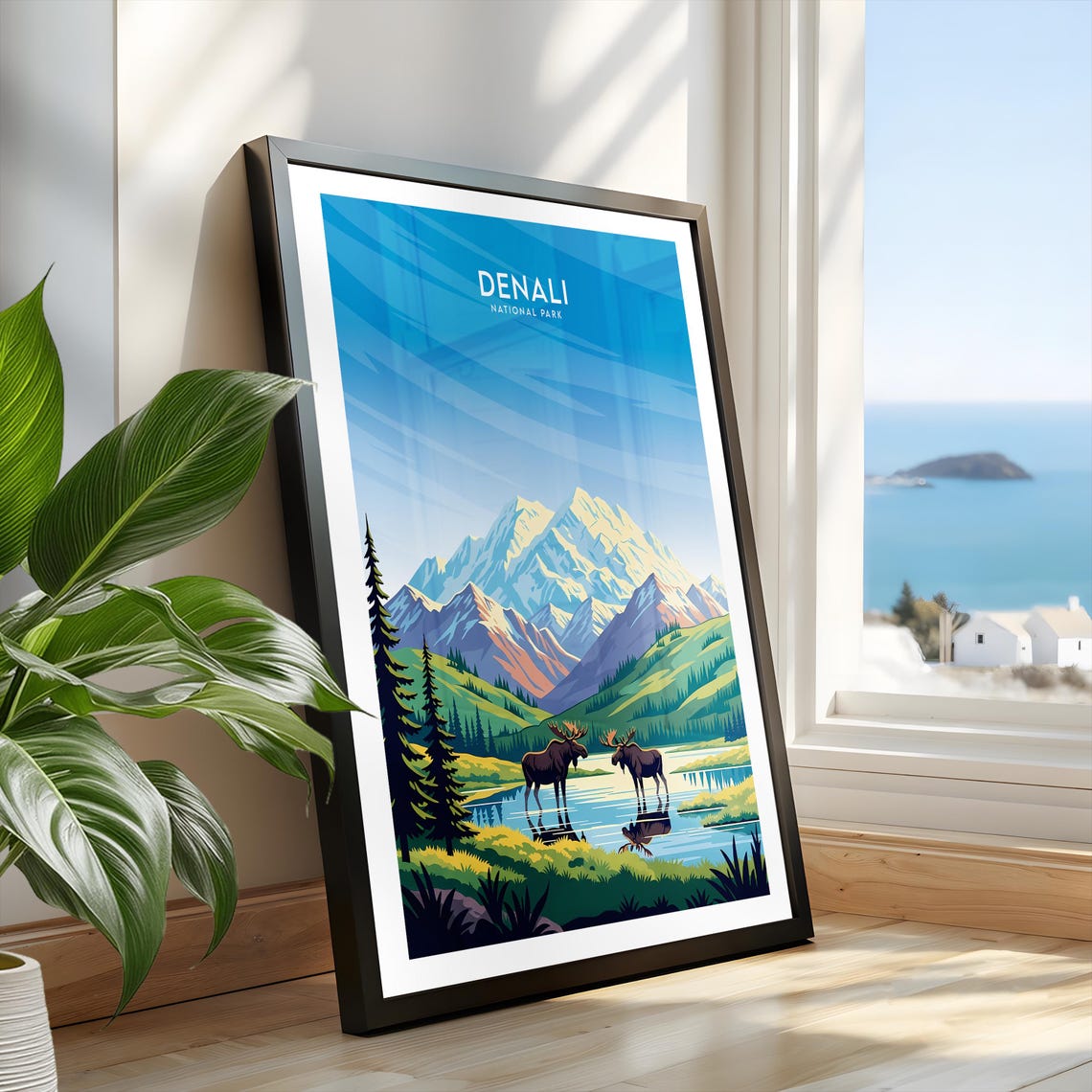 Denali Alaska Bull Moose Pair Wading in Alpine Lake Wildlife Poster - Image 2