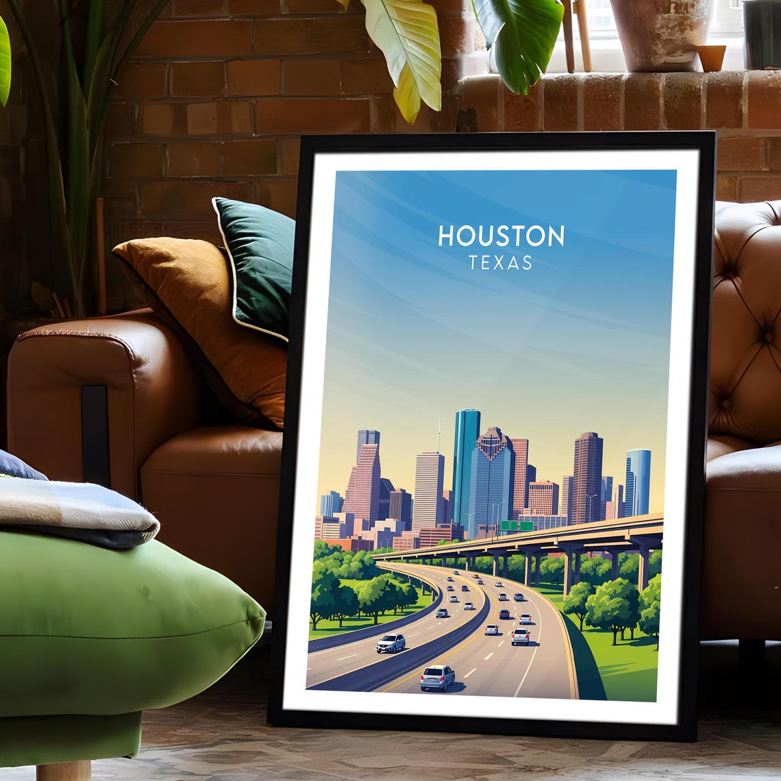 Houston Texas Highway Curves Toward City Towers Green Parkway Poster - Image 6