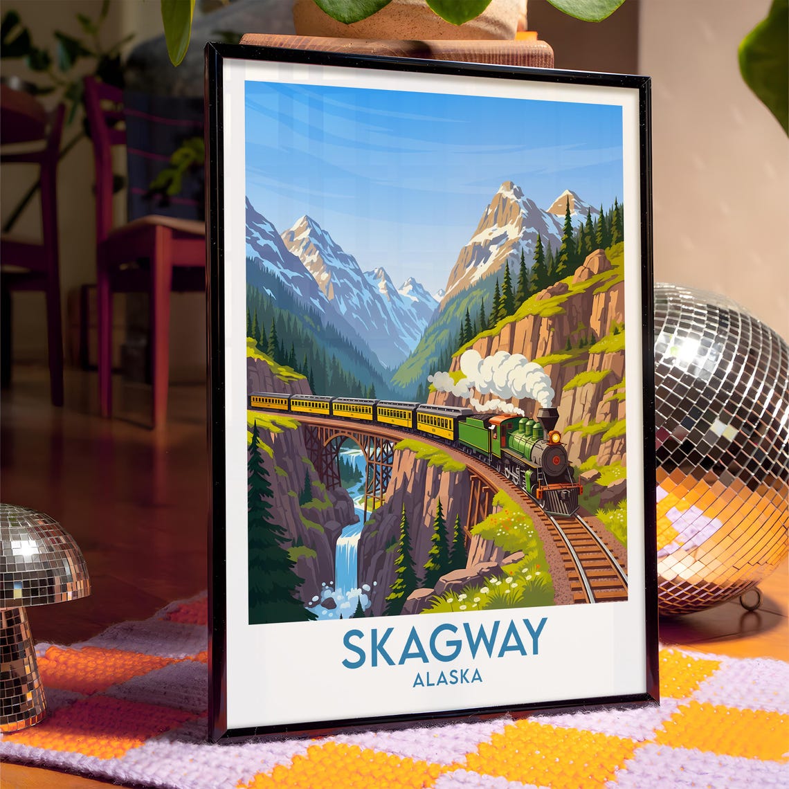 Skagway Alaska Steam Train Crossing Trestle Bridge Mountain Poster - Image 4