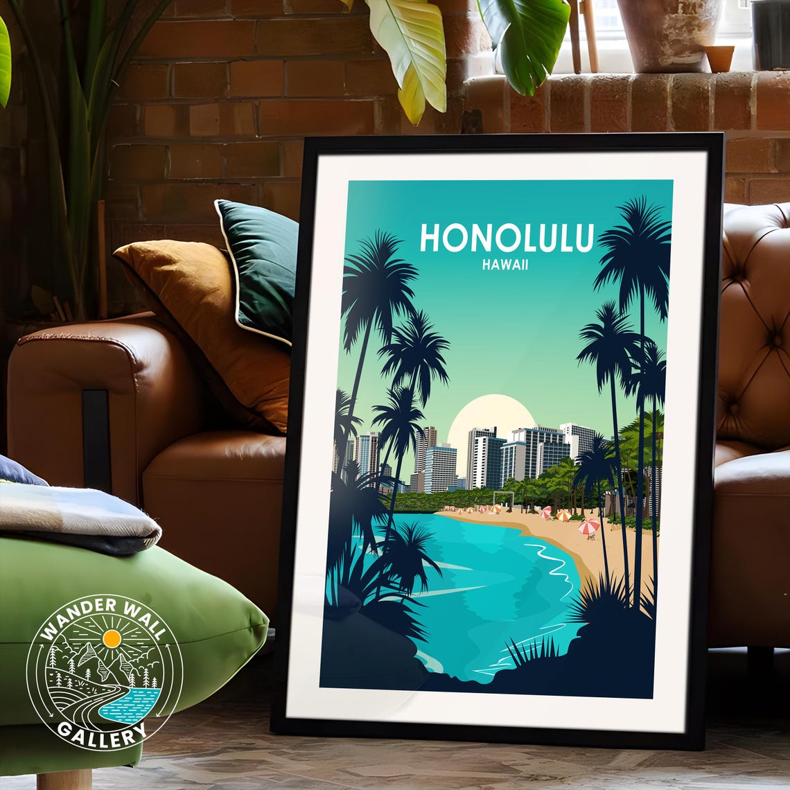 Honolulu Hawaii Waikiki Beach Palms Skyline Sunset Travel Poster - Image 6