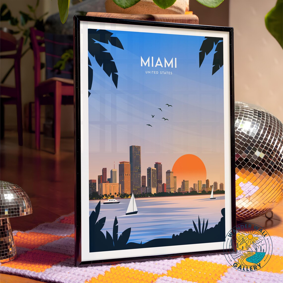 Miami Florida Sunset Skyline Palm Trees Sailboats Bay Travel Poster - Image 4