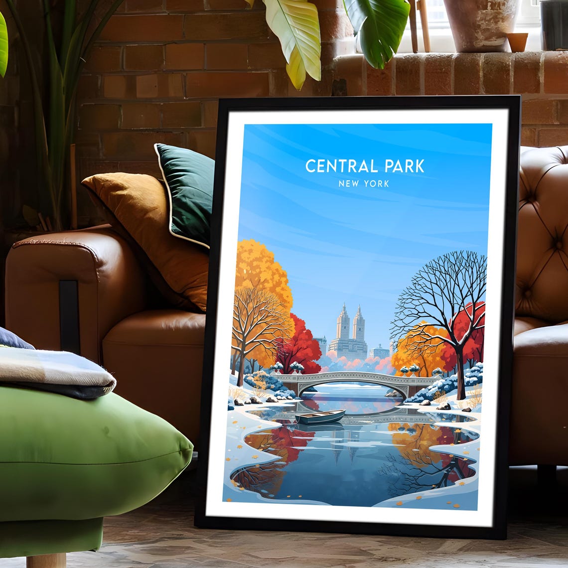Central Park New York Winter Bow Bridge Snowy Lake Scene Poster - Image 2