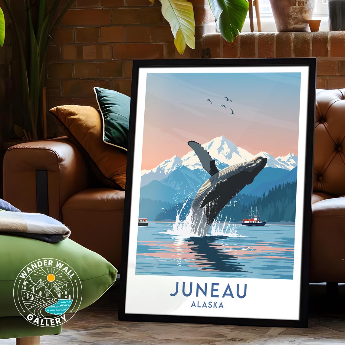 Juneau Alaska Breaching Humpback Whale Mountain Harbor Travel Poster - Image 2