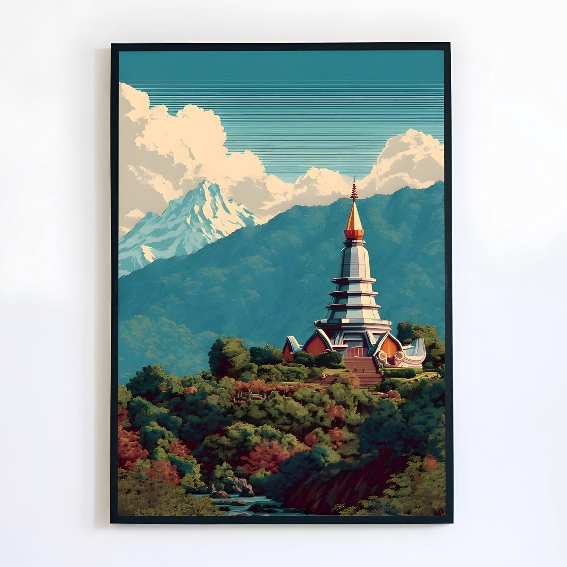 Thailand Pagoda Stupa Mountain Landscape Vintage Travel Poster