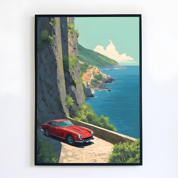 Red Classic Sports Car Italian Cliffside Coastal Road Travel Poster