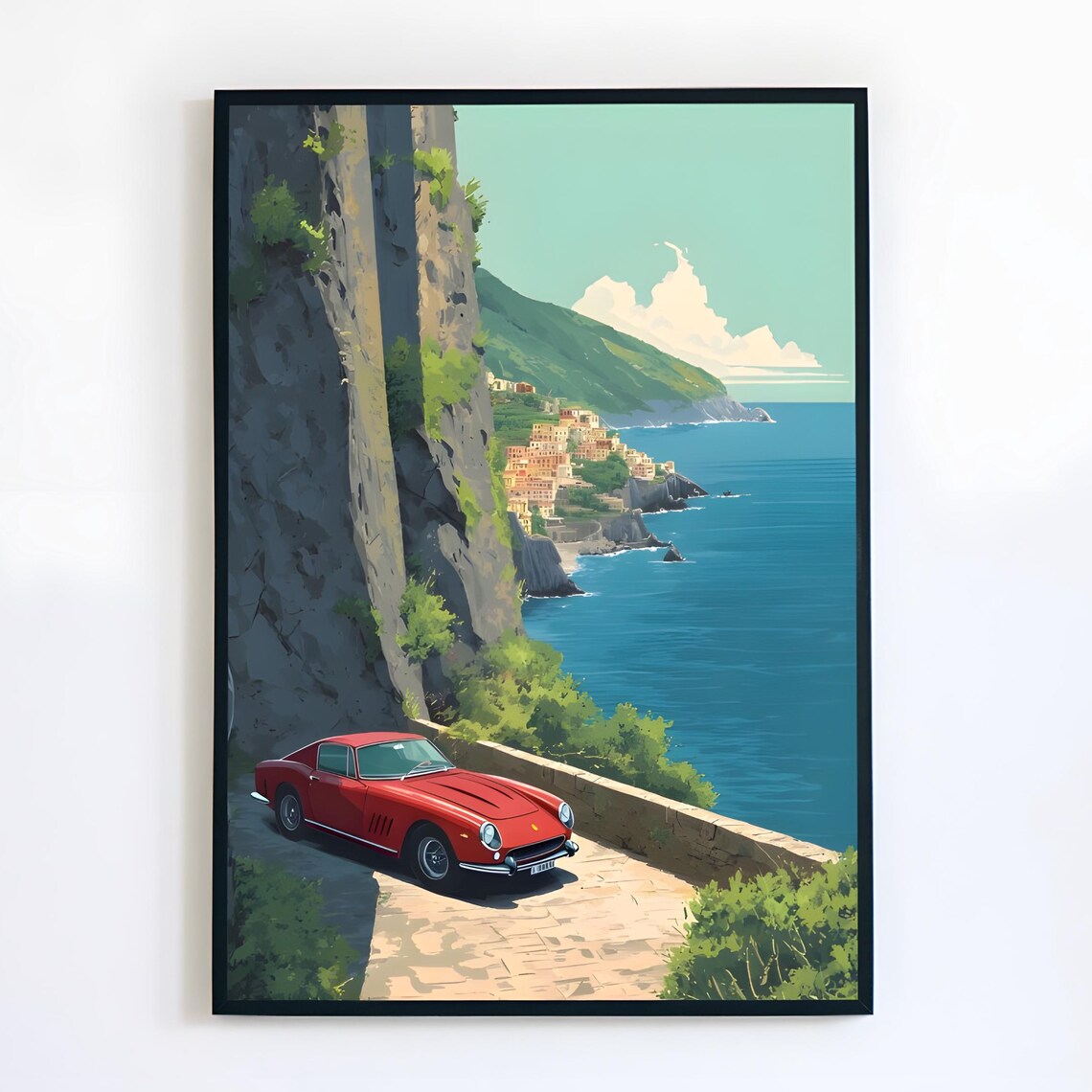 Red Classic Sports Car Italian Cliffside Coastal Road Travel Poster