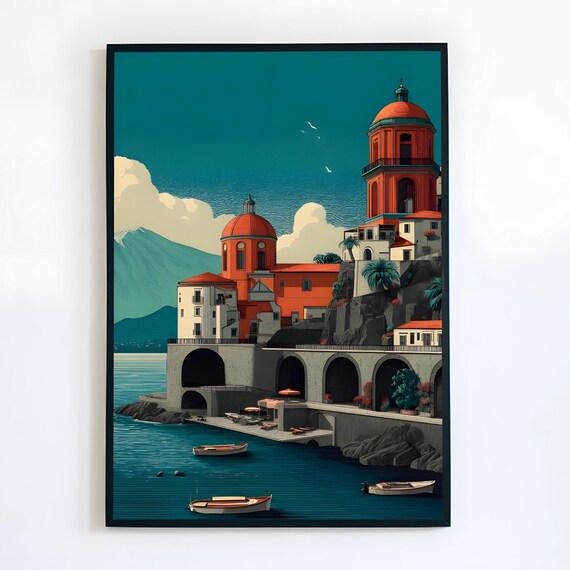 Naples Italy Coastal Town Red Dome Church Seaside Travel Poster