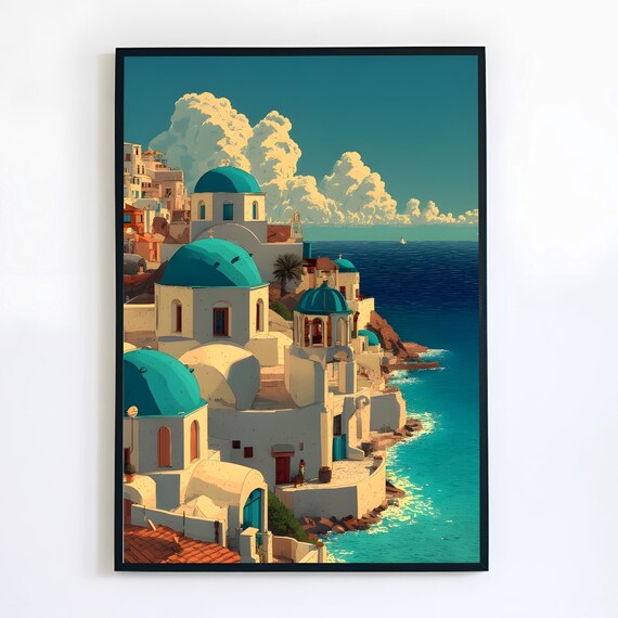 Santorini Greece Blue Domed Churches Aegean Sea Travel Poster