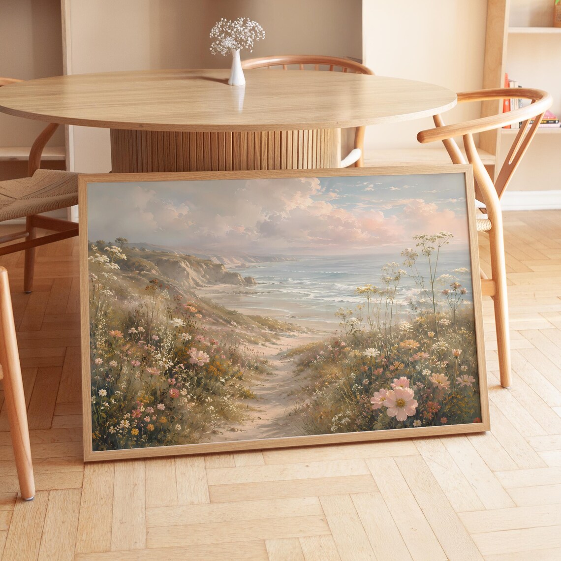 Vintage Coastal Wildflower Path, Poster Print