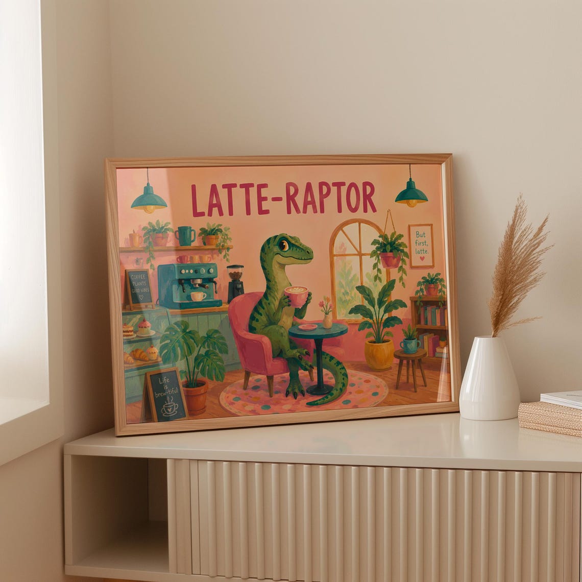 Latte-Raptor Cute Dinosaur Coffee Cafe Funny Kids Room Wall Poster