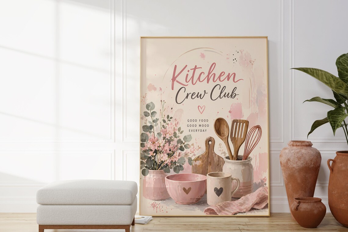 Kitchen Crew Club Good Food Good Mood Blush Floral Cooking Wall Poster