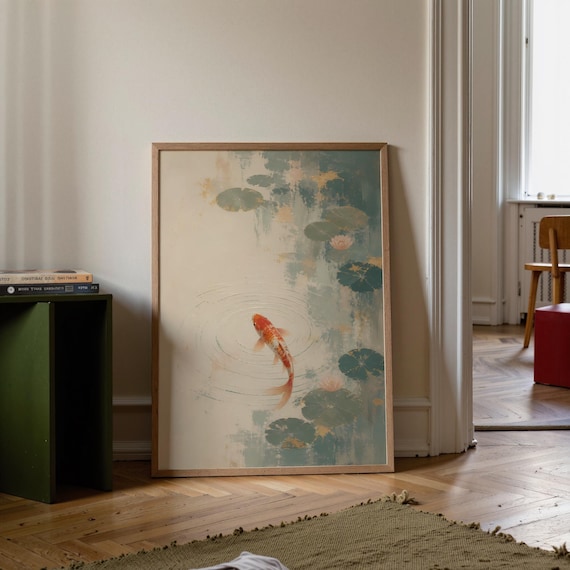Printable Koi Fish Poster Japandi Digital Download Sage Green Minimalist Art Zen Pond Oil Painting File Asian Style Wall Decor
