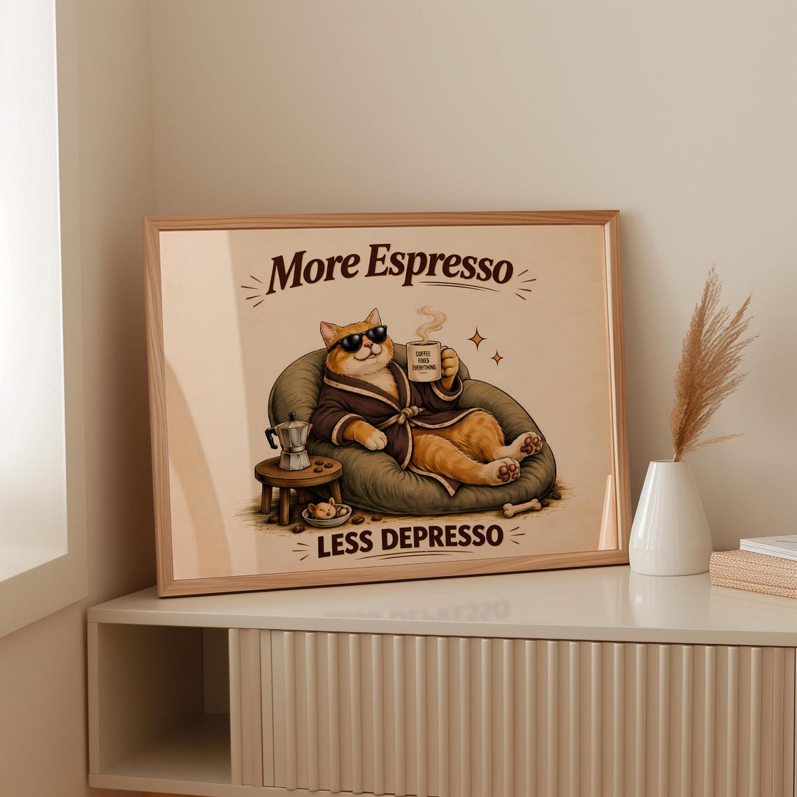 More Espresso Less Depresso Poster Funny Orange Cat in Robe Coffee Art