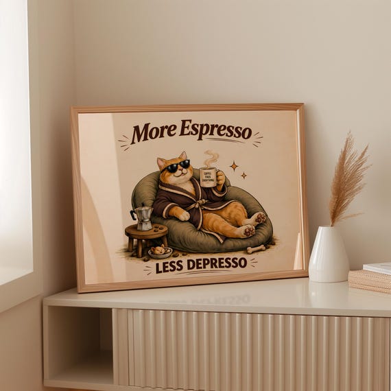 Digital Download Horizontal More Espresso Less Depresso Funny Cat Poster Printable Retro Landscape Coffee Wall Art File