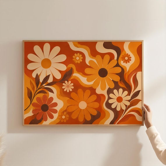 Retro 70s Orange Daisy Flowers Wavy Boho Floral Vintage Poster