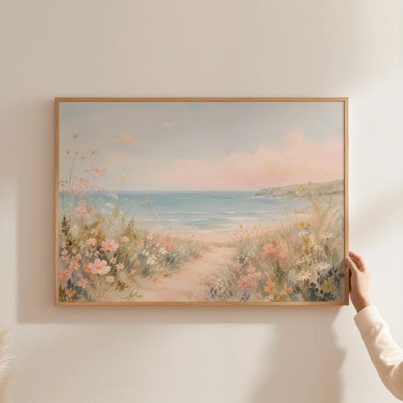 Pastel Beach Watercolor Ocean Poster, Cottagecore Decor