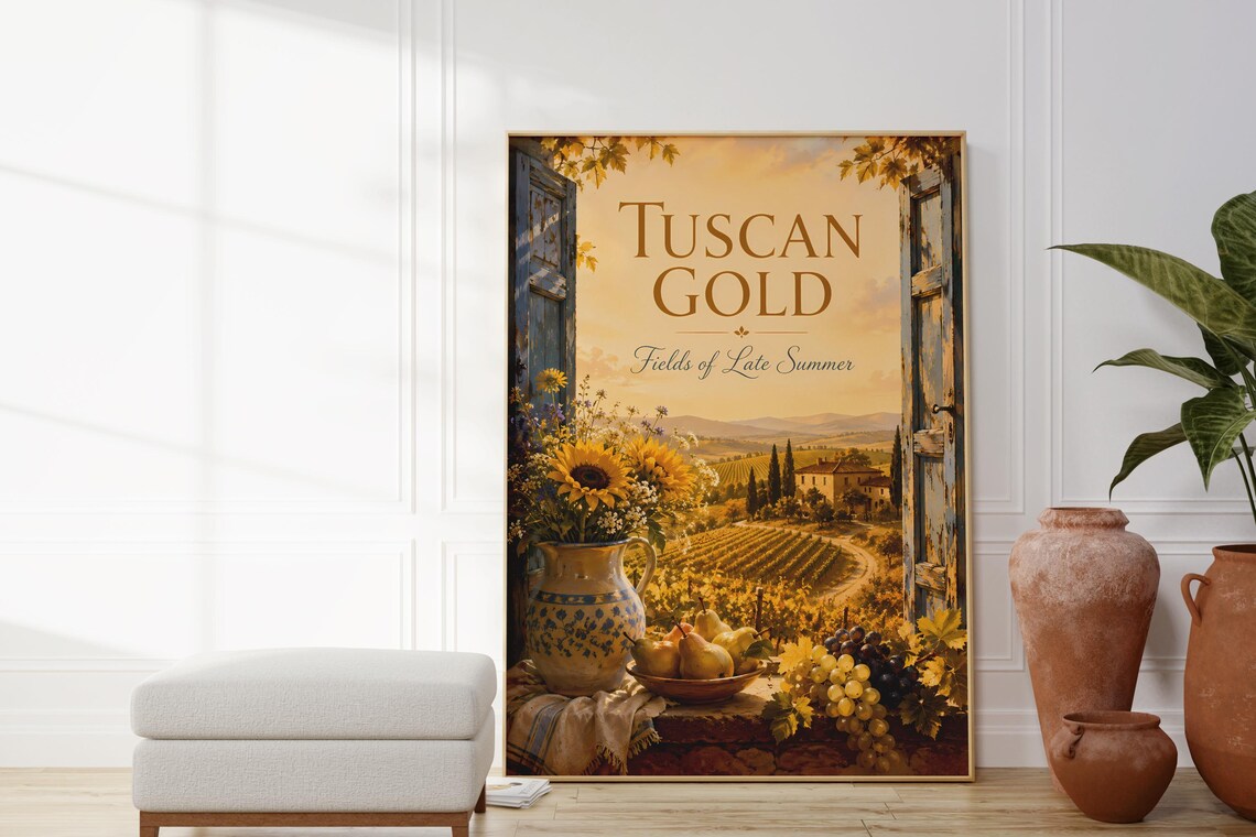 Vintage Tuscan Gold Fields of Late Summer Italy Landscape Print
